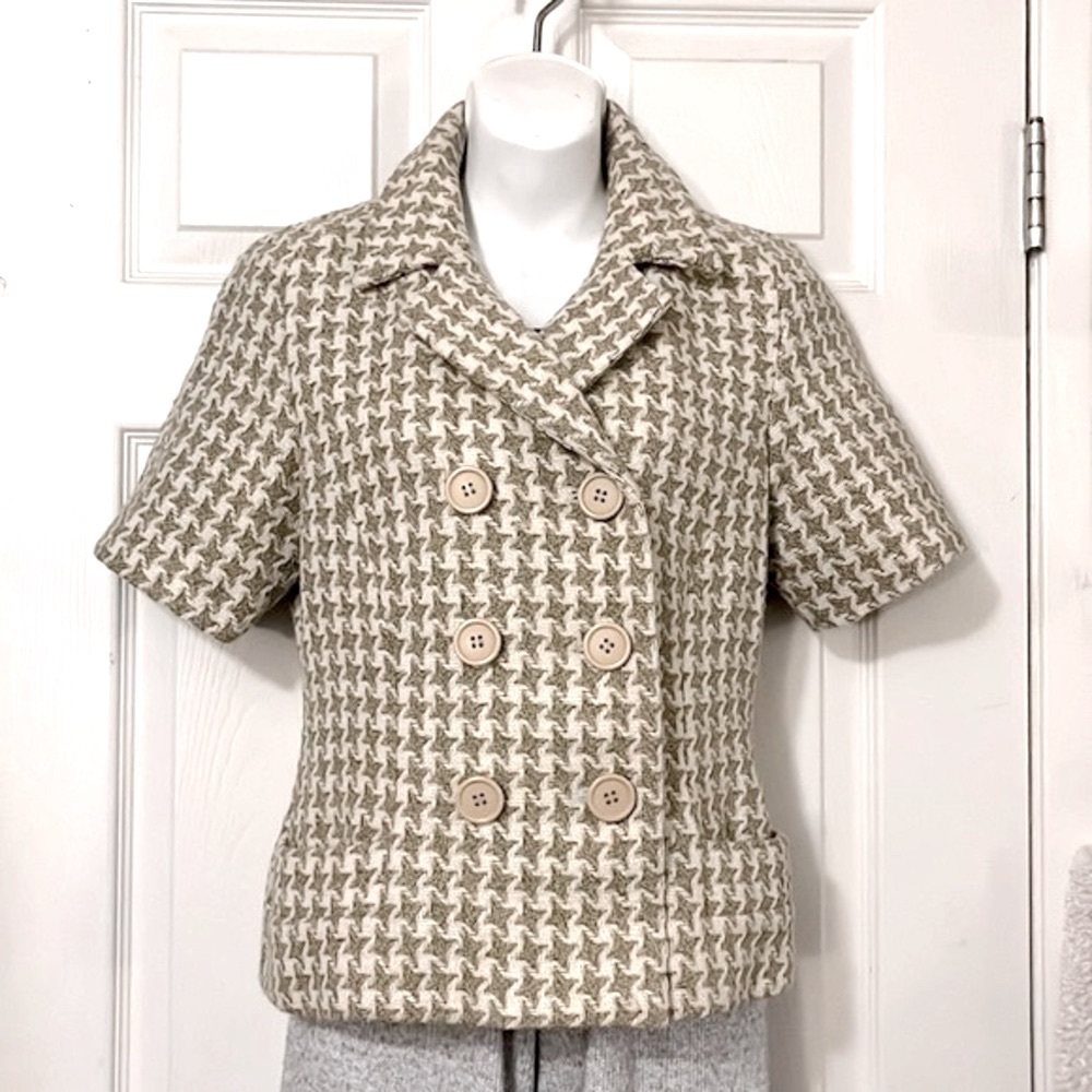 Walter Tweed Wool Blend Silk Lined Houndstooth Short Sleeve Blazer Jacket